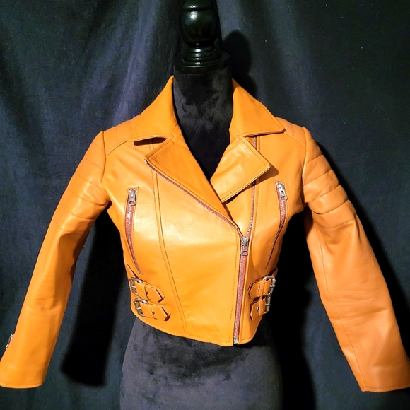 Lambskin tan cropped leather jacket